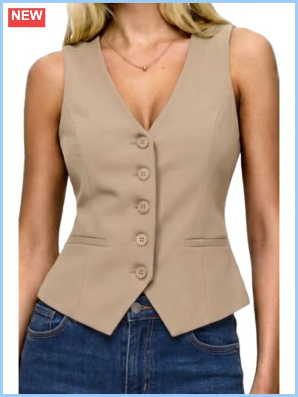High Stretch Knit Womens Blazer Vest V-Neck Waist-Cinching Button Detail Suit